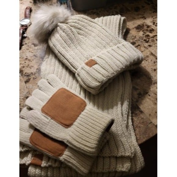 Winter Beanie Hat Scarf Gloves Set for Women, Womens Beanie with Pom Pom